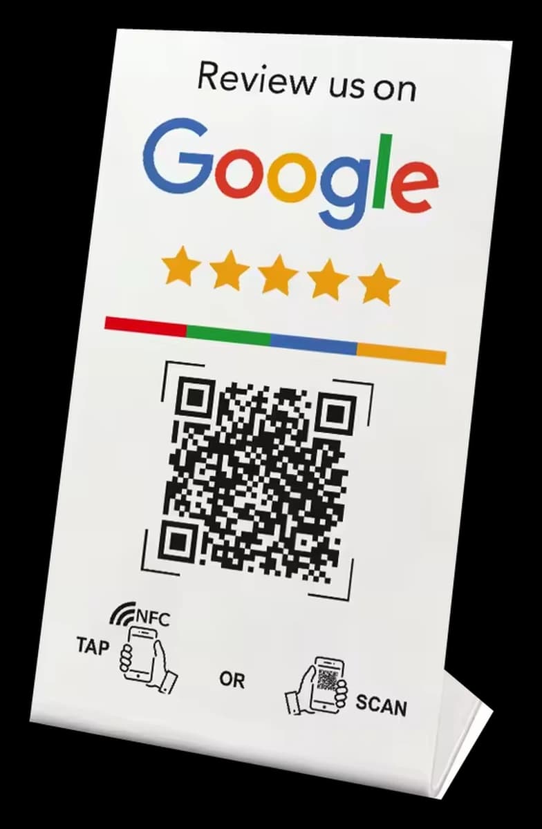 White Tap2Rate Stand with NFC tap and QR review prompts